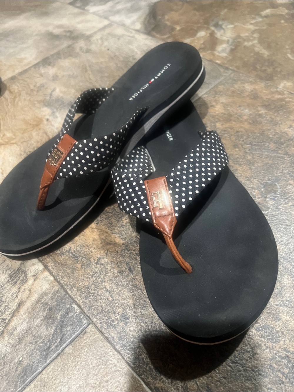 Tommy Hilfiger Black Polka Dot and Brown Thong Sandals
